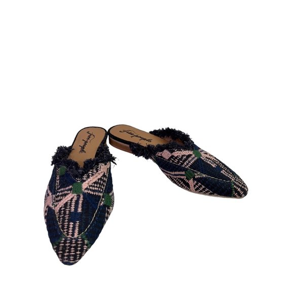 Free People Shoes - Free People Womens Shoes Newport Fringe Blue Plaid Mules Flats Slip On Size 40